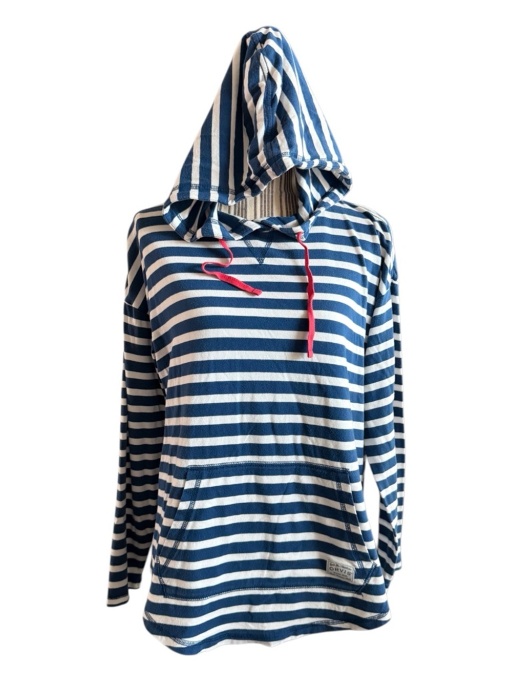 Orvis Navy & White Striped Pullover Hoodie with red Drawcords small